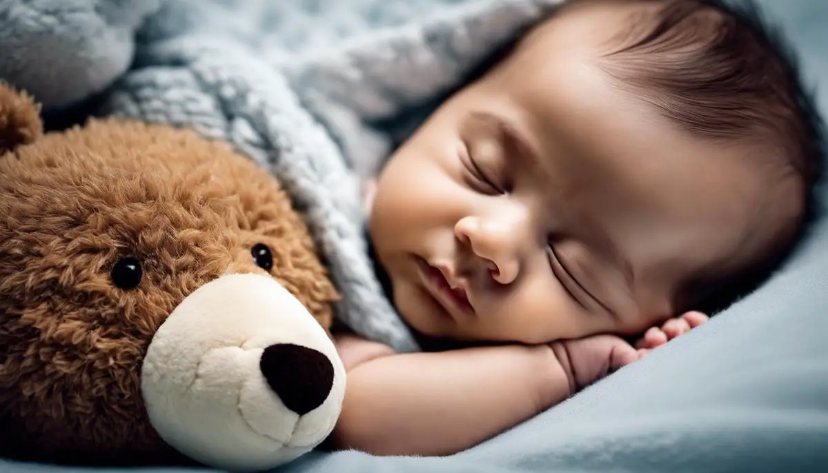 An image of a peaceful sleeping baby with a teddy bear beside it, representing the topic of infant sleep regression.
