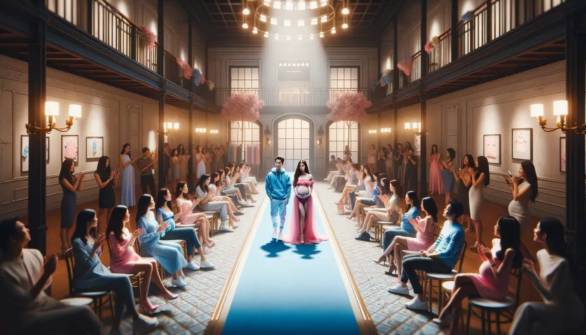 Un pequeño escenario con modelos desfilando ropa rosa o azul para revelar el género del bebé