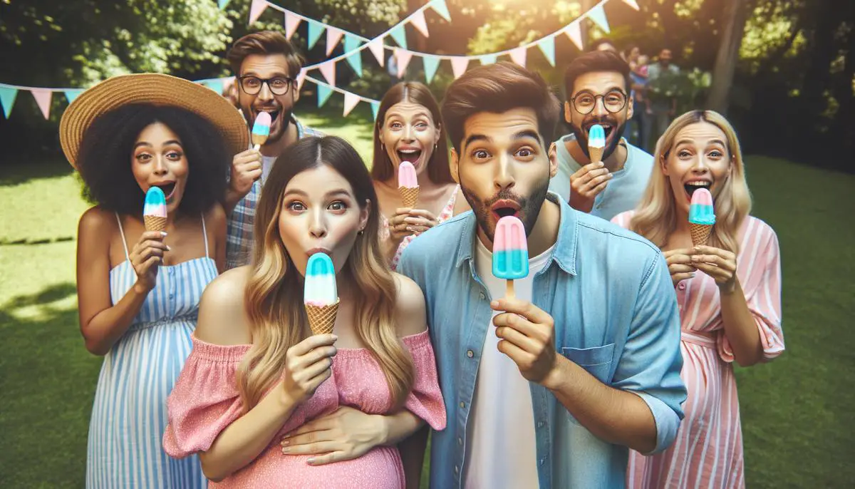 Invitados mordiendo helados con centro rosa o azul para revelar el género del bebé