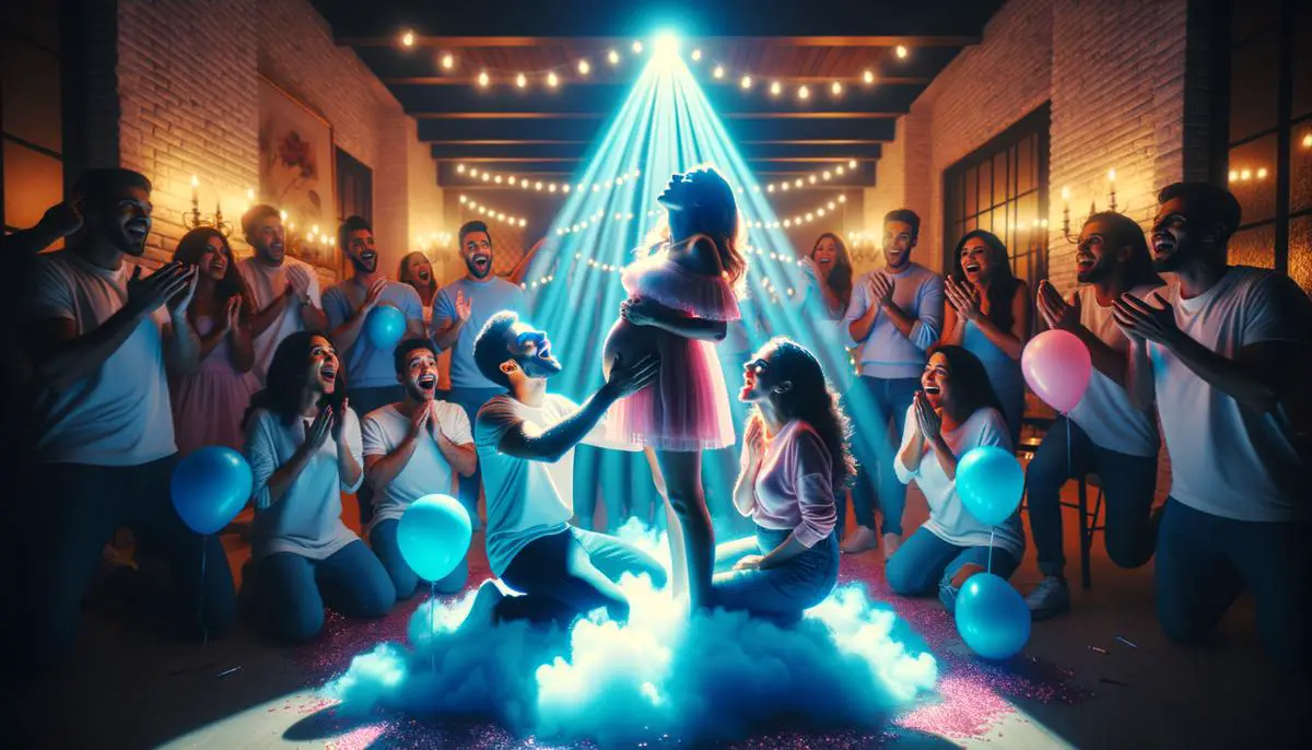 Una sala oscura iluminándose con luces LED rosas o azules para revelar el género del bebé