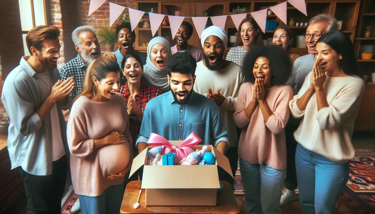 Una caja abierta llena de juguetes de bebé en color rosa o azul siendo descubierta por una pareja emocionada
