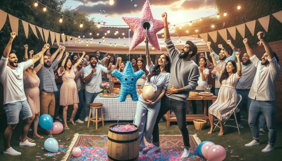 Una colorida piñata en forma de estrella siendo golpeada por una pareja, liberando confeti rosa o azul