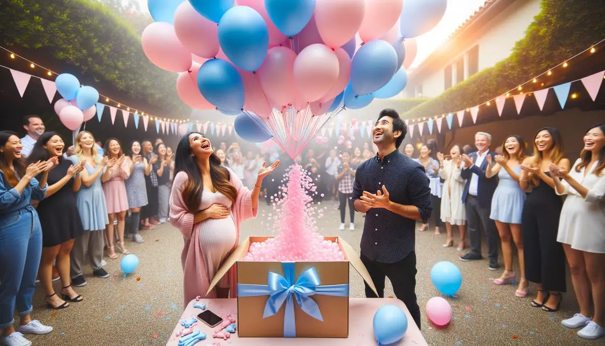 Una gran caja decorada liberando globos rosas o azules en el aire mientras una pareja emocionada observa